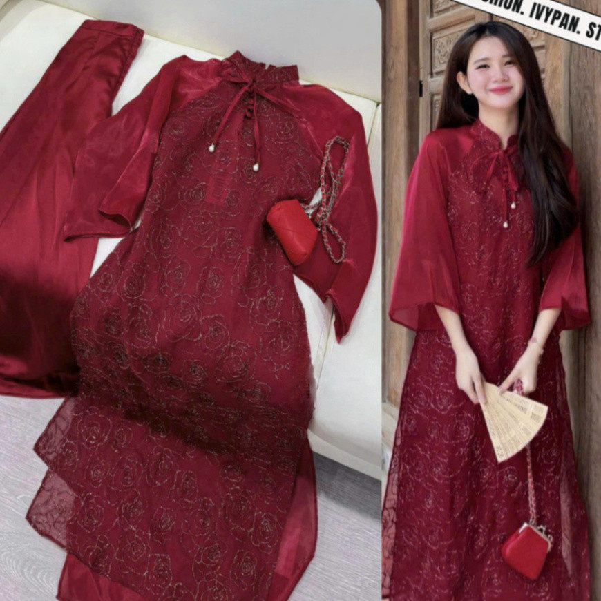 Ttd Bich Lien Modernized Ao Dai ทรงตรงคอปกสูง 4 ด้าน ผูกโบว์ที่สวยสุดๆพร้อมปุ่มกางเกงเอว Chunky