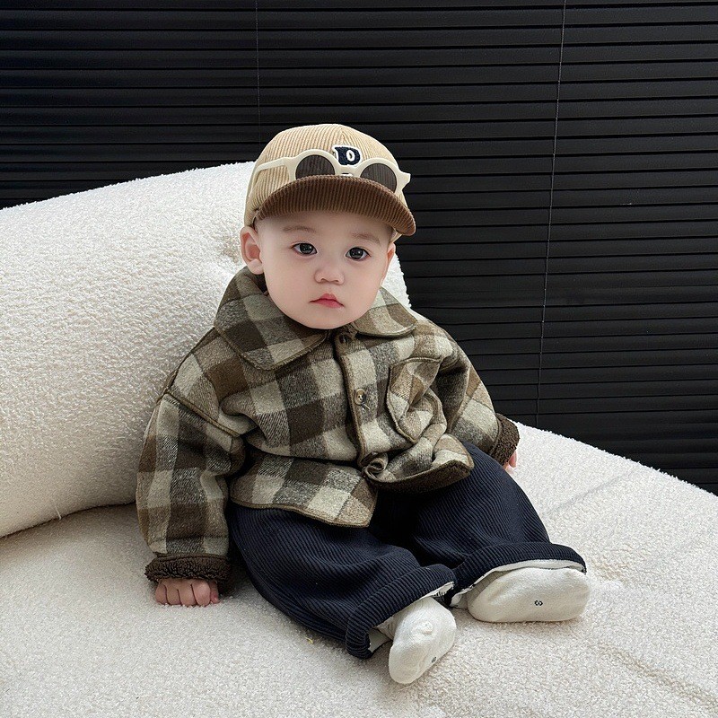 (QCC) เสื้อโค้ทลายสก็อตบุขนเด็กมีกระเป๋า - AK045