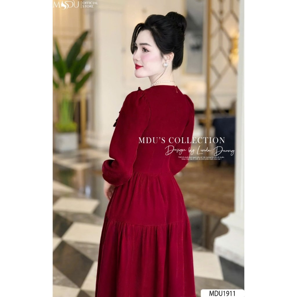Lady Dress MDU1911 ดีไซน์แขนพัฟ กํามะหยี่คุณภาพสูงจาก MDU K60-D2-2