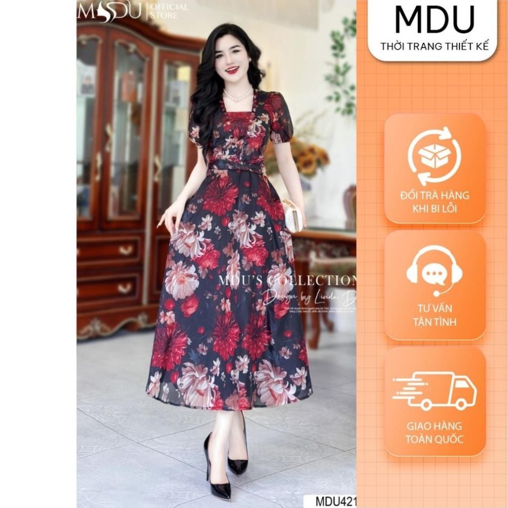 ออกแบบชุด MDU4216 สีแดงสดเรียบง่ายรอบคอน้ําหนักเบา Flare Dress จาก MDU K33-D1-2