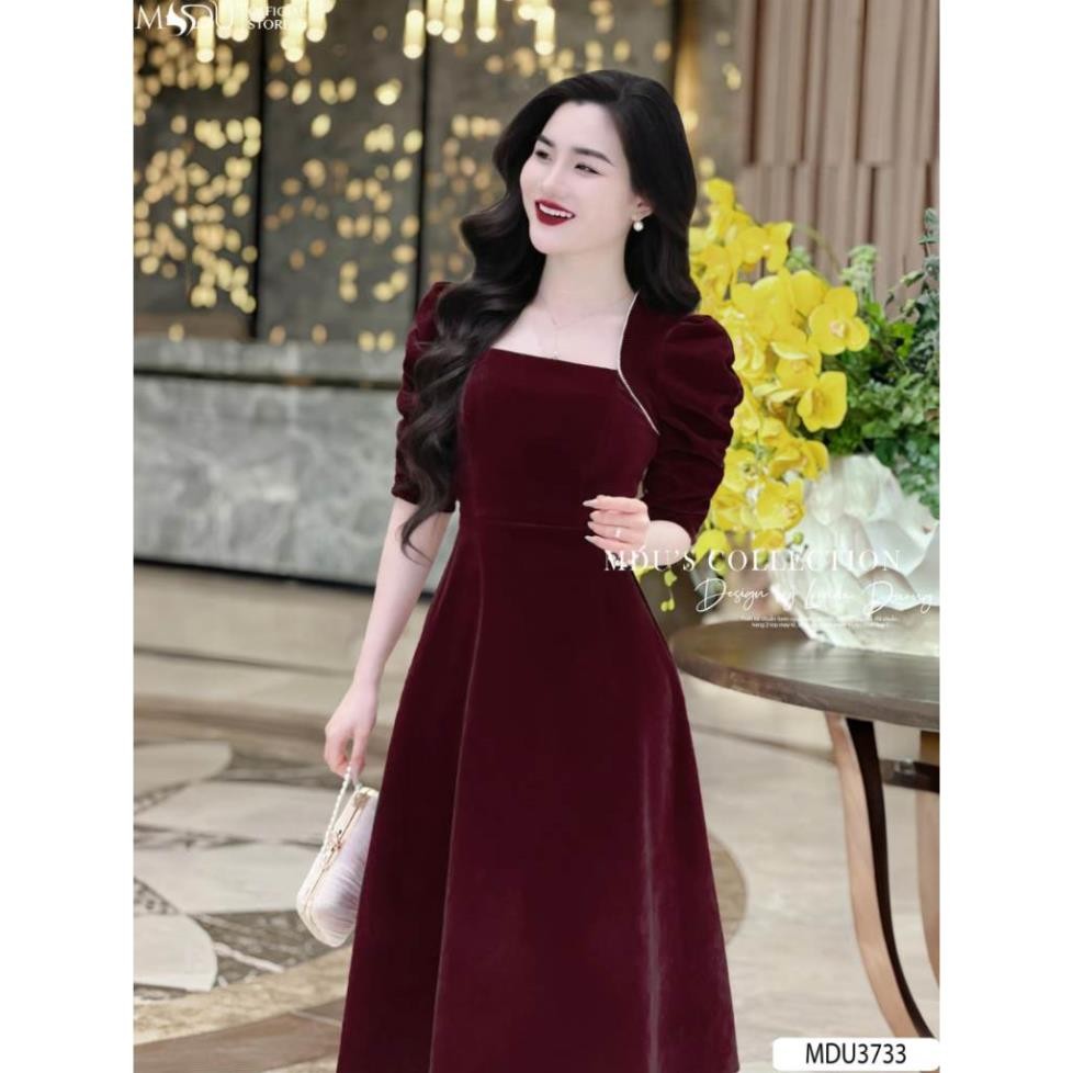 Lady Dress MDU3733 กระโปรงบานเล็กน้อย ดีไซน์คอเหลี่ยมพร้อมกํามะหยี่เนื้อนุ่มจาก MDU K48-D2-5