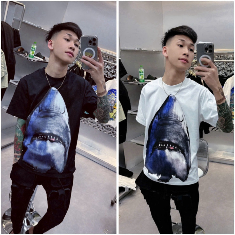 GVC AP416 เสื้อยืดผู้ชายลายฉลามทําจากผ้าฝ้ายยืด 2 ทาง 2 สีเหมาะสําหรับผู้ชายและผู้หญิง Peak 202 [M33