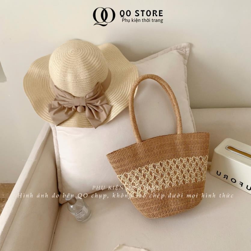 Combo Set of Sedge Bag + Beach Hat with Lovely Soft Flower Bow T04M08 QO STORE