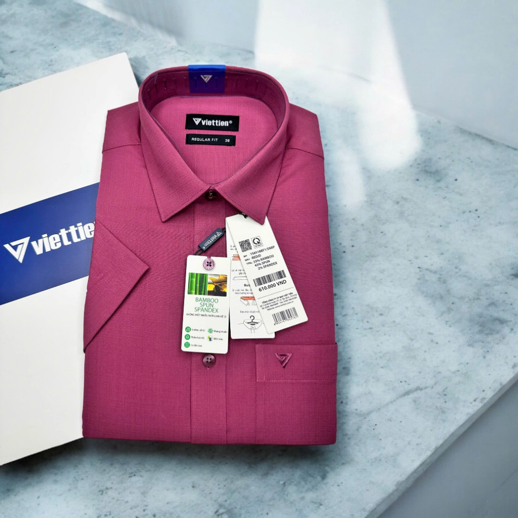 Viet Tien เสื้อเชิ้ตแขนสั้นสีแดง 1S6518 Regularfit พร้อมพนังแนวนอน