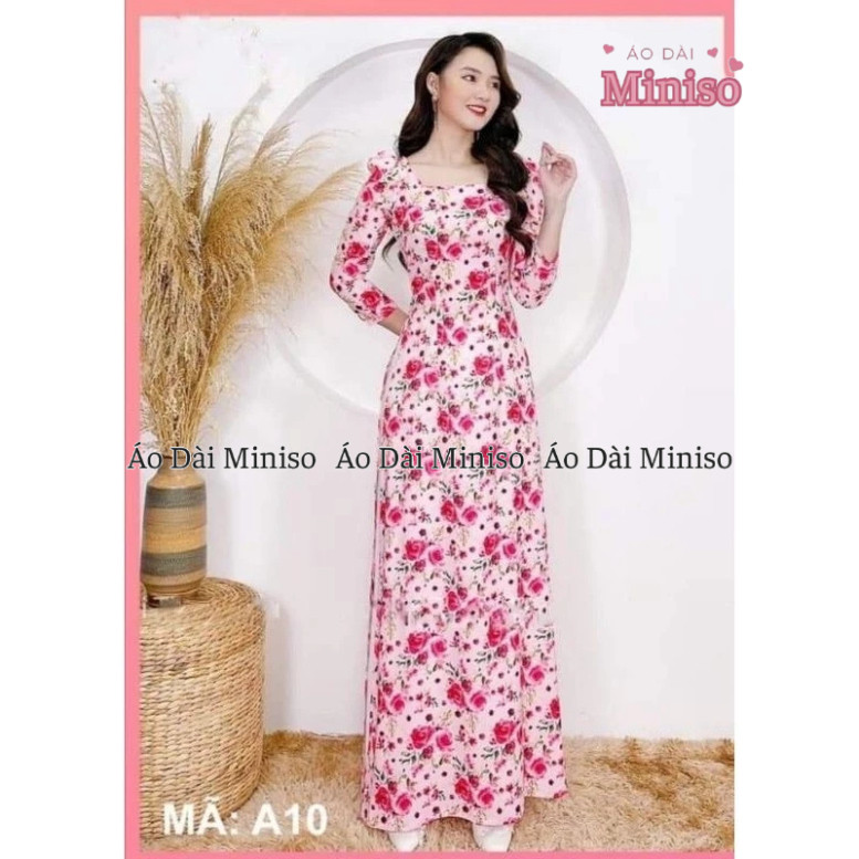 MINISO ผ้าไหมคอเหลี่ยม ao dai พร้อมแขนพัฟพิมพ์ลายดอกกุหลาบ 3 มิติ