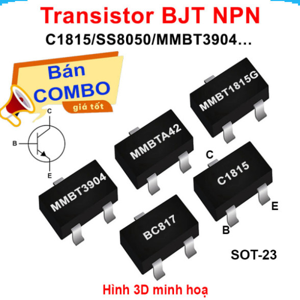 (100 ชิ้น) ทรานซิสเตอร์ BJT NPN C1815 / SS8050 / MMBT3904 / ... พิน SOT-23