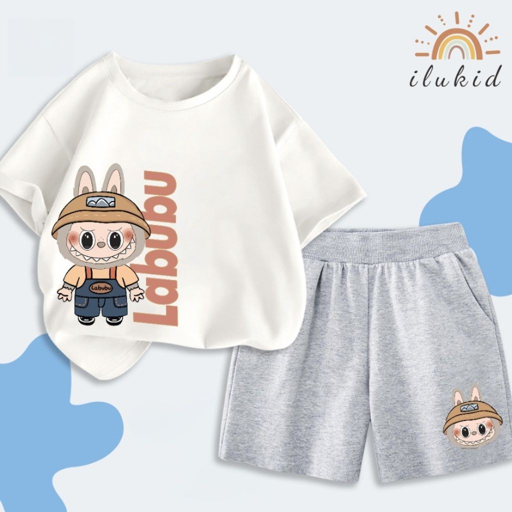 เสื้อผ้า LABUBU ILLUKID สําหรับเด็กชายและเด็กหญิง ชุดเสื้อยืดผ้าคอตตอนนุ่มโปร่ง พิมพ์ลายน่ารัก BLB51