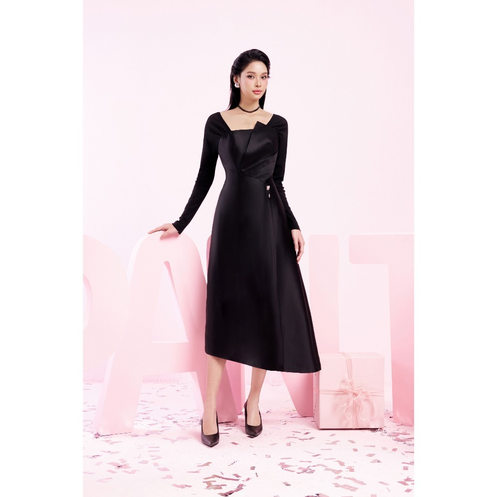 FDC75049 - ชุดเดรสสํานักงาน tafta คุณภาพสูงคอเหลี่ยมและแขนผสมผ้าตาข่ายยืดชายเบียส - PANTIO