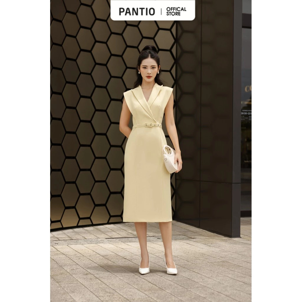 FDC34104 - ชุดเดรสสํานักงาน Slim tulle พร้อมซับใน habutai และคอปกเสื้อกั๊กพร้อมเข็มขัดสไตล์หัวเข็มขั