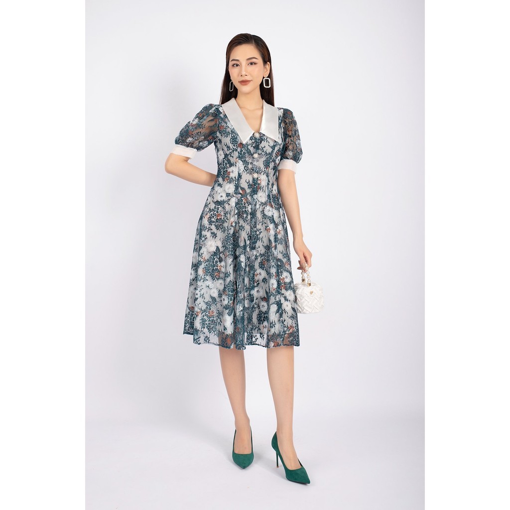 FDC73517 - เดรสลูกไม้ออฟฟิศคอปกบานและผ้าไหมพรมสีต่างกันเพื่อสร้างทรงร่างกายมีกระดุมแต่ง - หอบติโอ