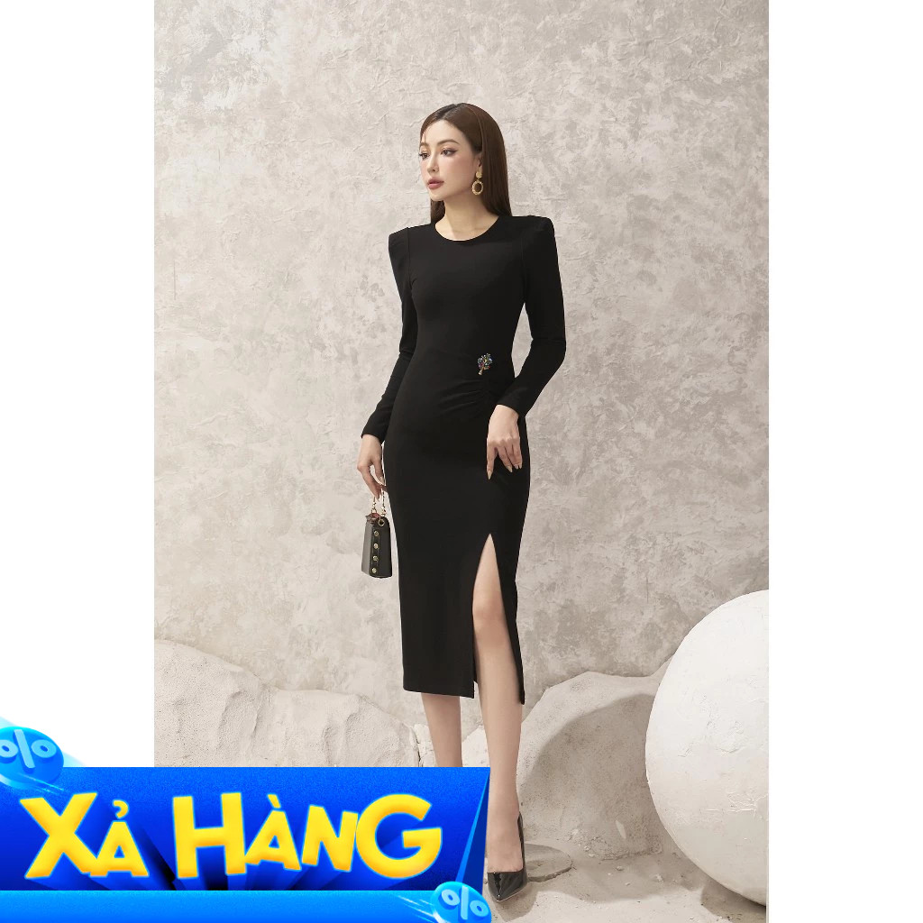 FDD7109 - เดรสผ้าคอตตอนออฟฟิศคอกลมไหล่เสริมฟองน้ําสับข้างแบบผ่าข้างพร้อมเข็มกลัดตกแต่ง - ปาทิโอ