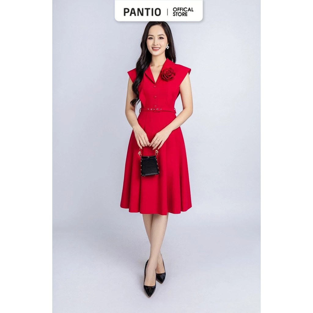 FDC34106 - ชุดเดรสสํานักงาน tulle Flared มีซับใน habutai คอปกเปิด แต่งดอกไม้ 3D และเข็มขัดเพื่อสร้าง