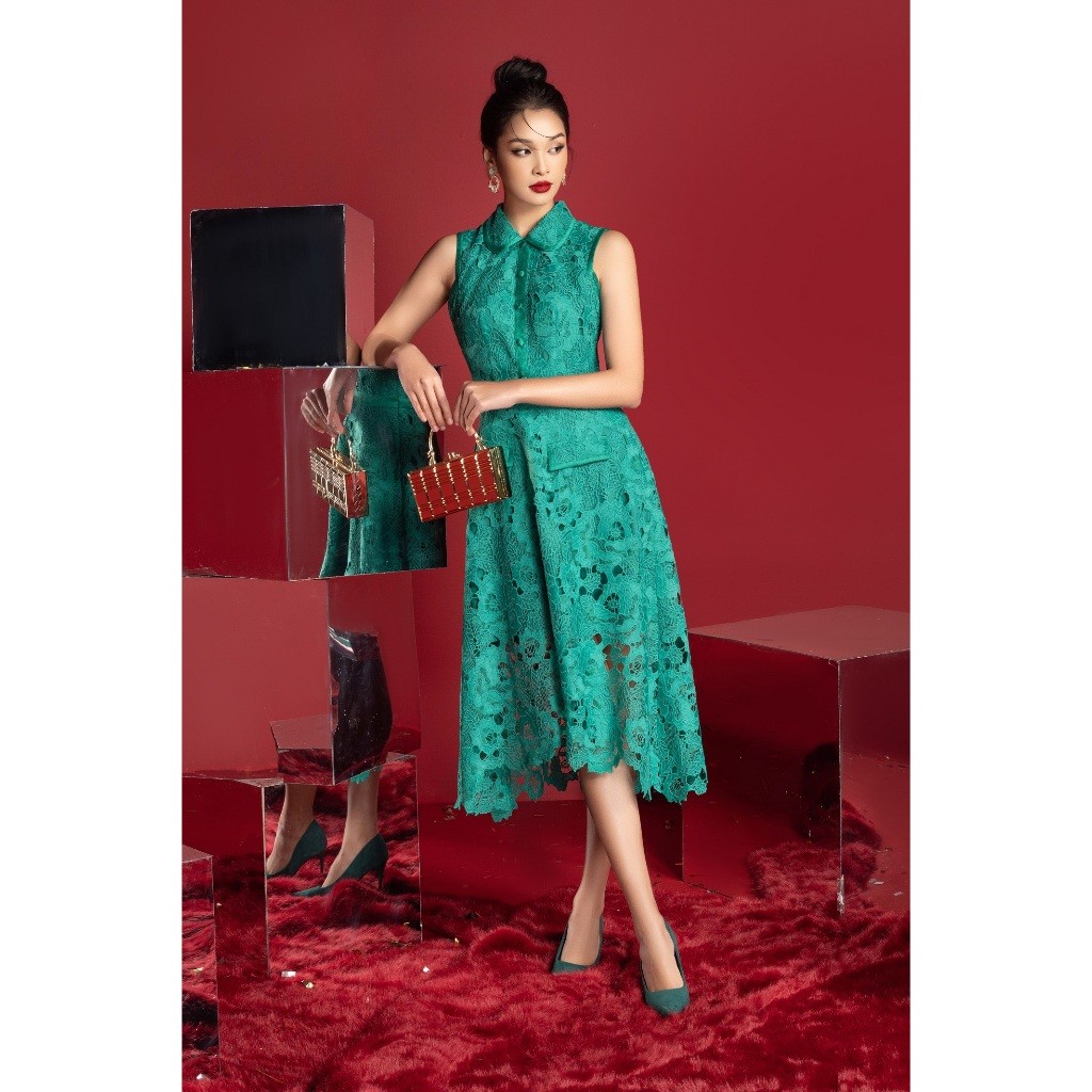 FDH1368 - เดรสปาร์ตี้ลูกไม้หางปลาคอปกเยอรมันมีรั้งกระดุมจั๊ม - หอบ