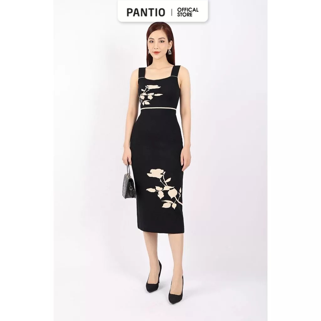 FDO013 - เดรสผ้าวูลคุณภาพสูงคอเหลี่ยมและสายใหญ่ ตัวทอแต่งลาย - PANTIO