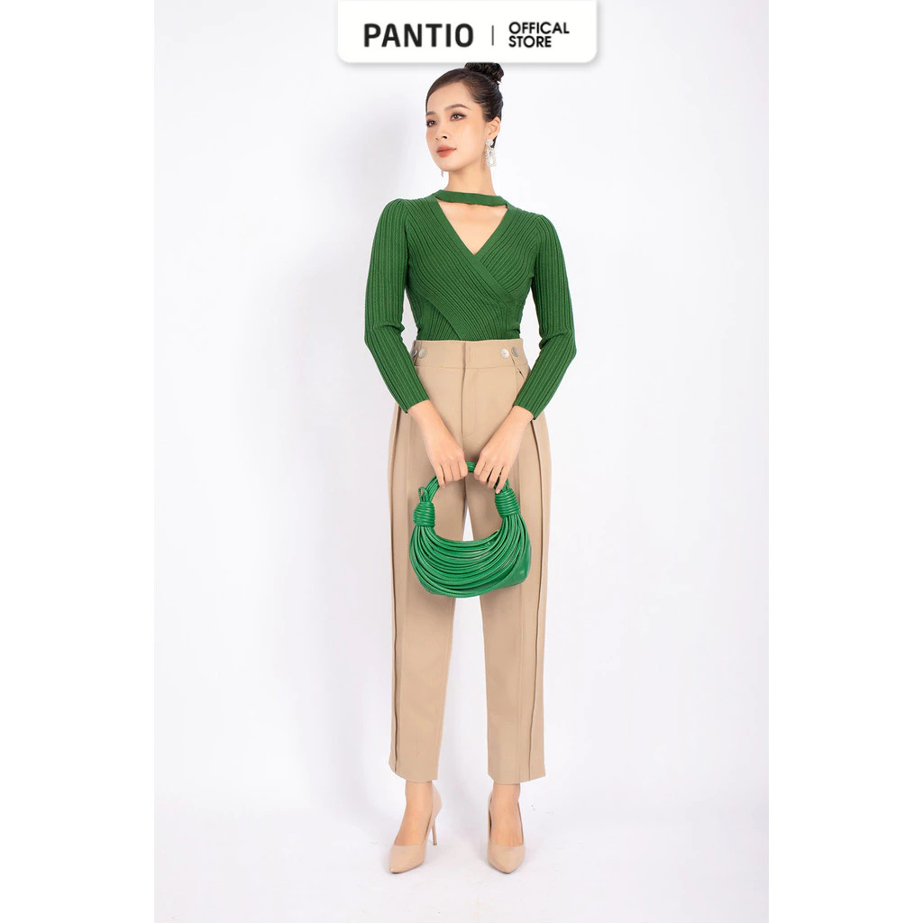 FQD3989 - กางเกงสํานักงานผ้าดิบสไตล์ถุงมีขอบเอวและกระดุมซี่โครงและถ้วยจัดแต่งทรงผม - หอบ