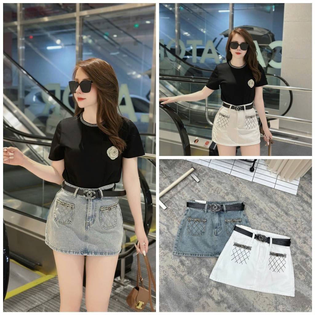 ODD SIZE กระโปรงยีนส์ยีนส์สั้นมีกระเป๋าเฉียงและเข็มขัด BORY STORE QCCC QCL1 CV0602 9522