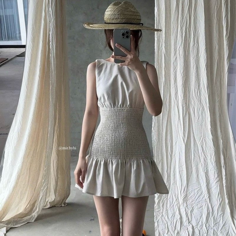 ชุดทาน่า | Mir.byhi | เดรสสม็อคกระชับผ้าลินินเชื่อม