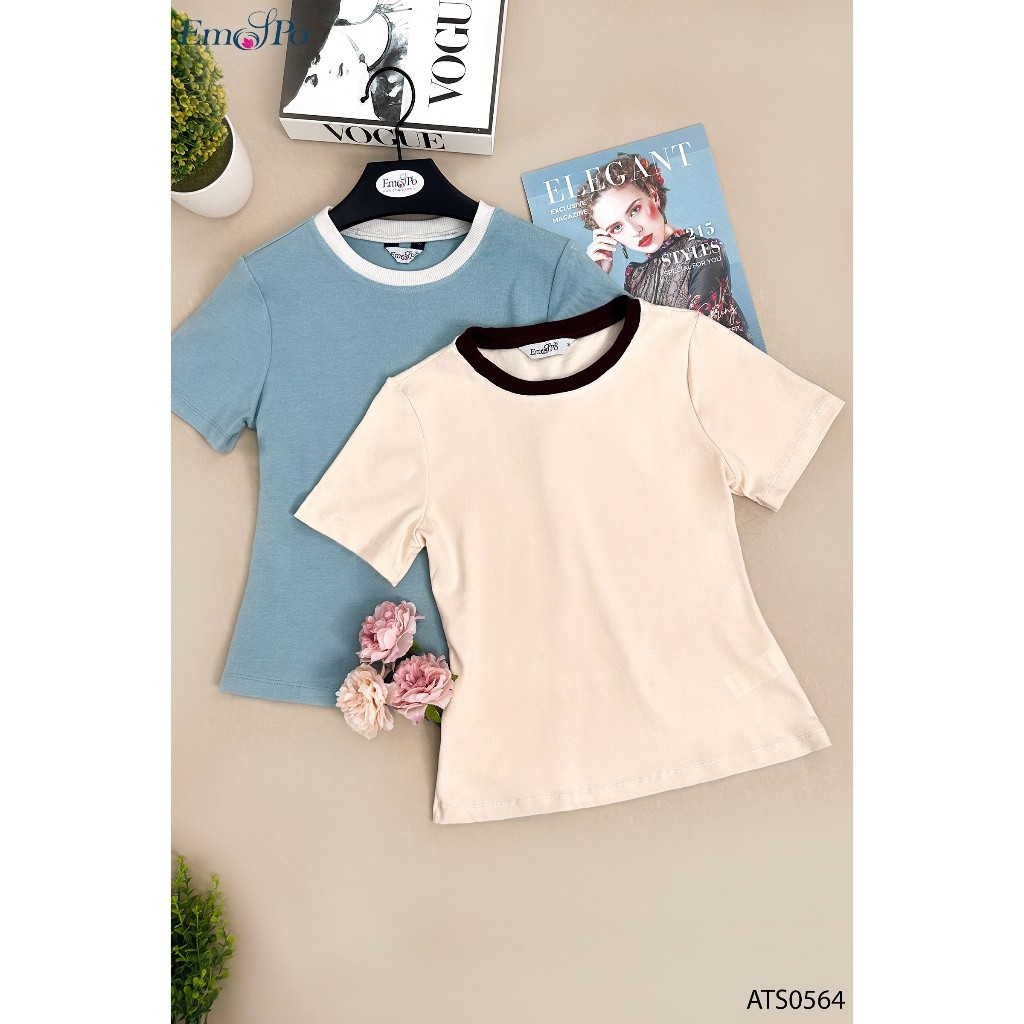 Emspo เสื้อยืดสีพื้นผู้หญิง ดีไซน์คอกลมและคอ ATS0564
