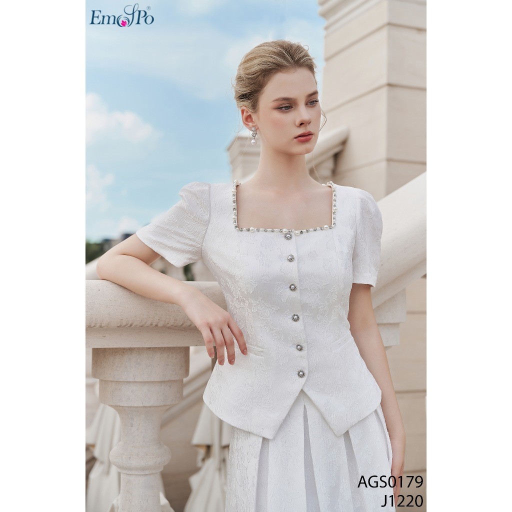 Emspo เสื้อนักข่าวผู้หญิงคอเหลี่ยมประดับหินและมุกกระเป๋าสะพายข้างทั้งสองด้าน AGS0179 เดิน J1220