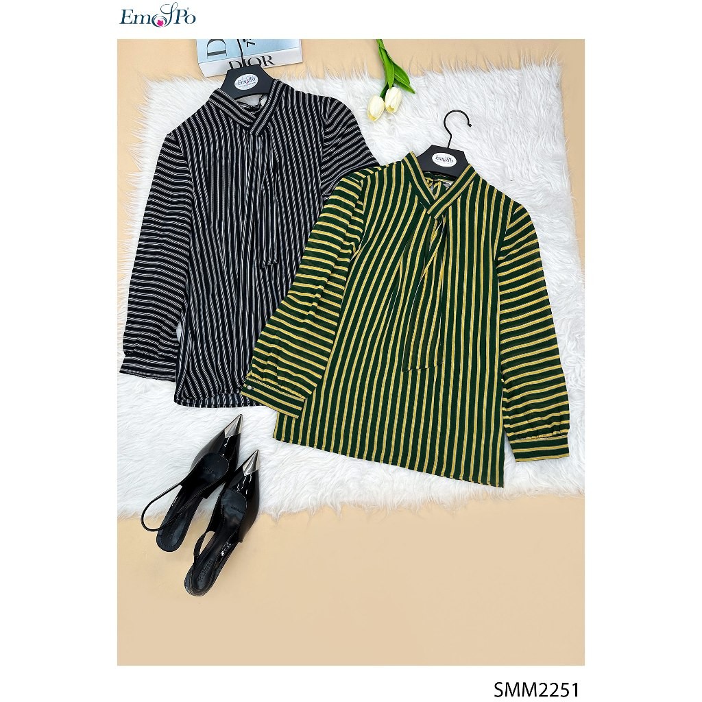 Emspo เสื้อเชิ้ตผู้หญิงคอปกลายทางและดีไซน์ผูกโบว์ SMM2251