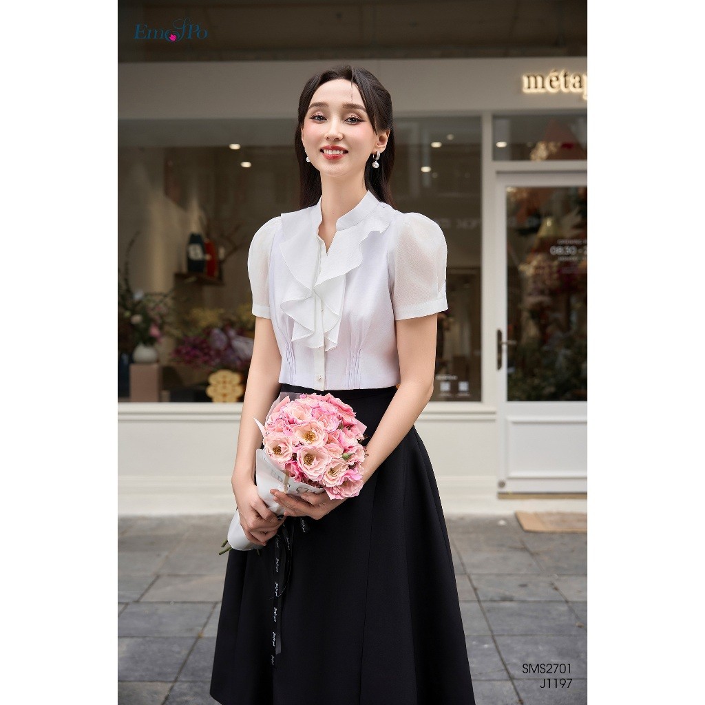 EMPO SMS2701 เสื้อเชิ้ตคอปกจับจีบแขนพองติดกระดุม