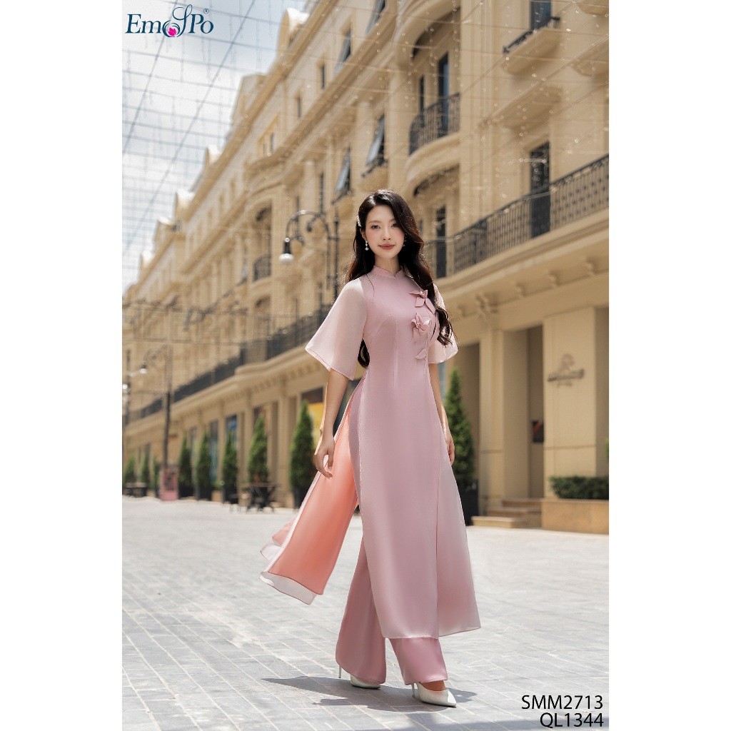 Emspo ao dai คอปก 3 นิ้ว แขนบานและดีไซน์กิ่งไม้ดอกไม้ SMM2713 (มีกางเกง) เดิน QL1344