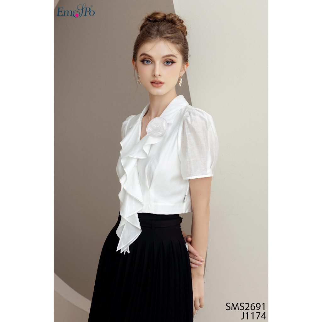 เสื้อเชิ้ตแขนสั้นคอปกจับจีบและแอพลายดอกไม้ EMSPO SMS2691