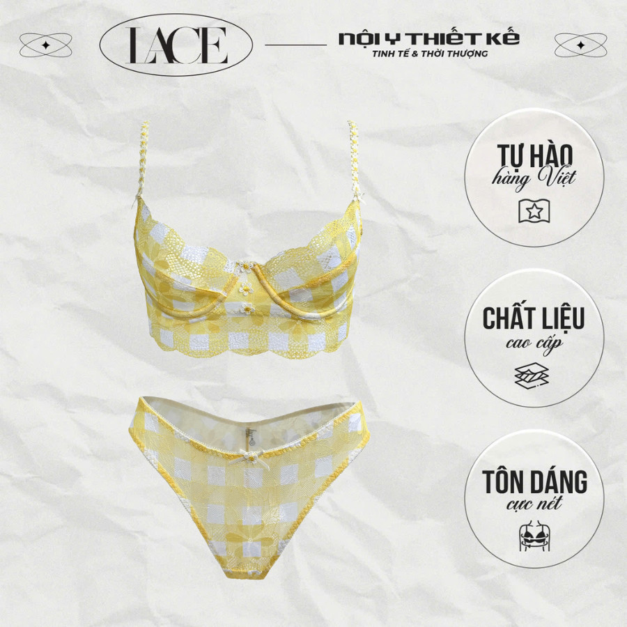 [ข้อเสนอจํากัด] LACE TYLA LACE ชุดชั้นในชุดลายตารางหมากรุกสีเหลืองและดอกไม้ Lovely Muse Bra พร้อม Underwire และไม่มีโฟม