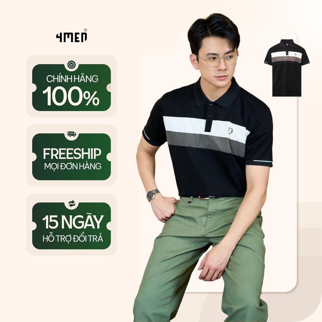 เสื้อโปโลเรยอนพิมพ์ลายโลโก้ Round M Regular Form 4MEN PO164 คอปกเปิดลง ผ้านุ่ม โปร่งสบาย