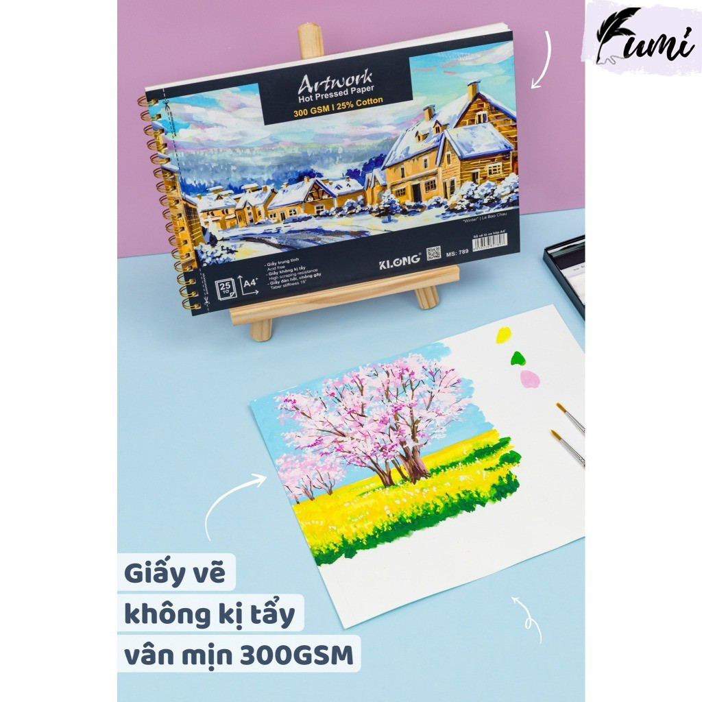 หนังสือ 300GSM ผ้าฝ้าย 25% 25 แผ่นกระดาษวาดภาพสีน้ําคุณภาพสูงงานศิลปะ Hot Pressed A4+ KLong MS 789