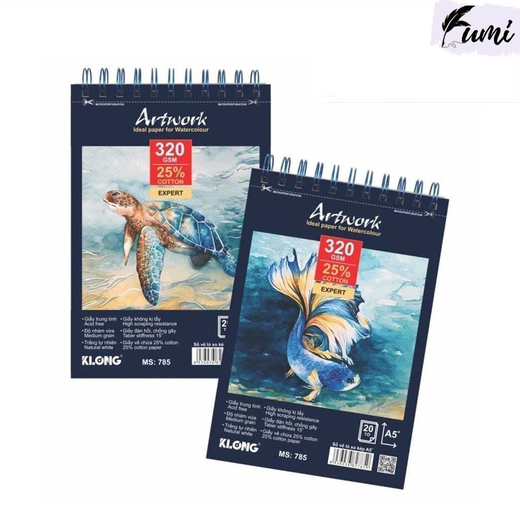 สมุดวาดภาพสีน้ําระดับพรีเมี่ยม A5+ คอตตอน 25% 20 แผ่น 320GSM KLONG MS 785