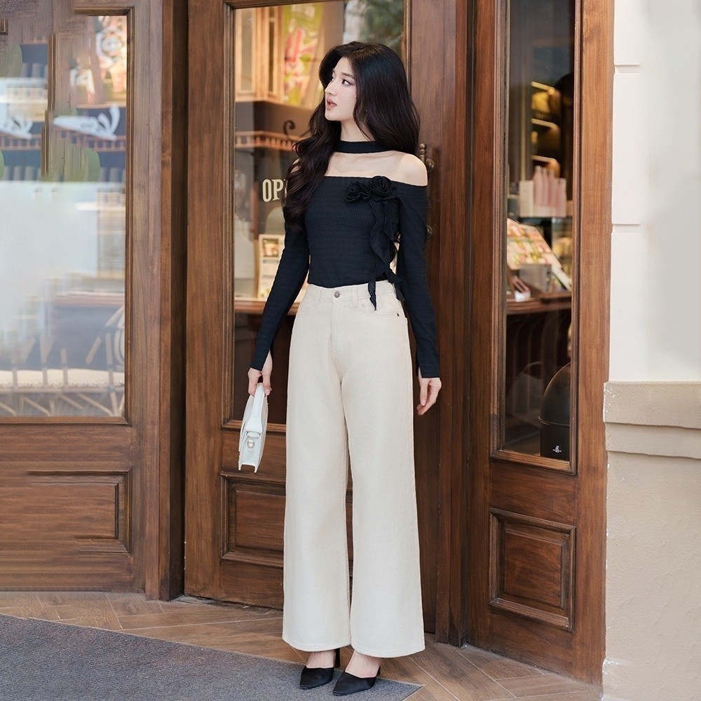 RECHIC Kizzy กางเกงขากว้าง สีกากีหนา ทรงมาตรฐาน ทรงแฮ็ค