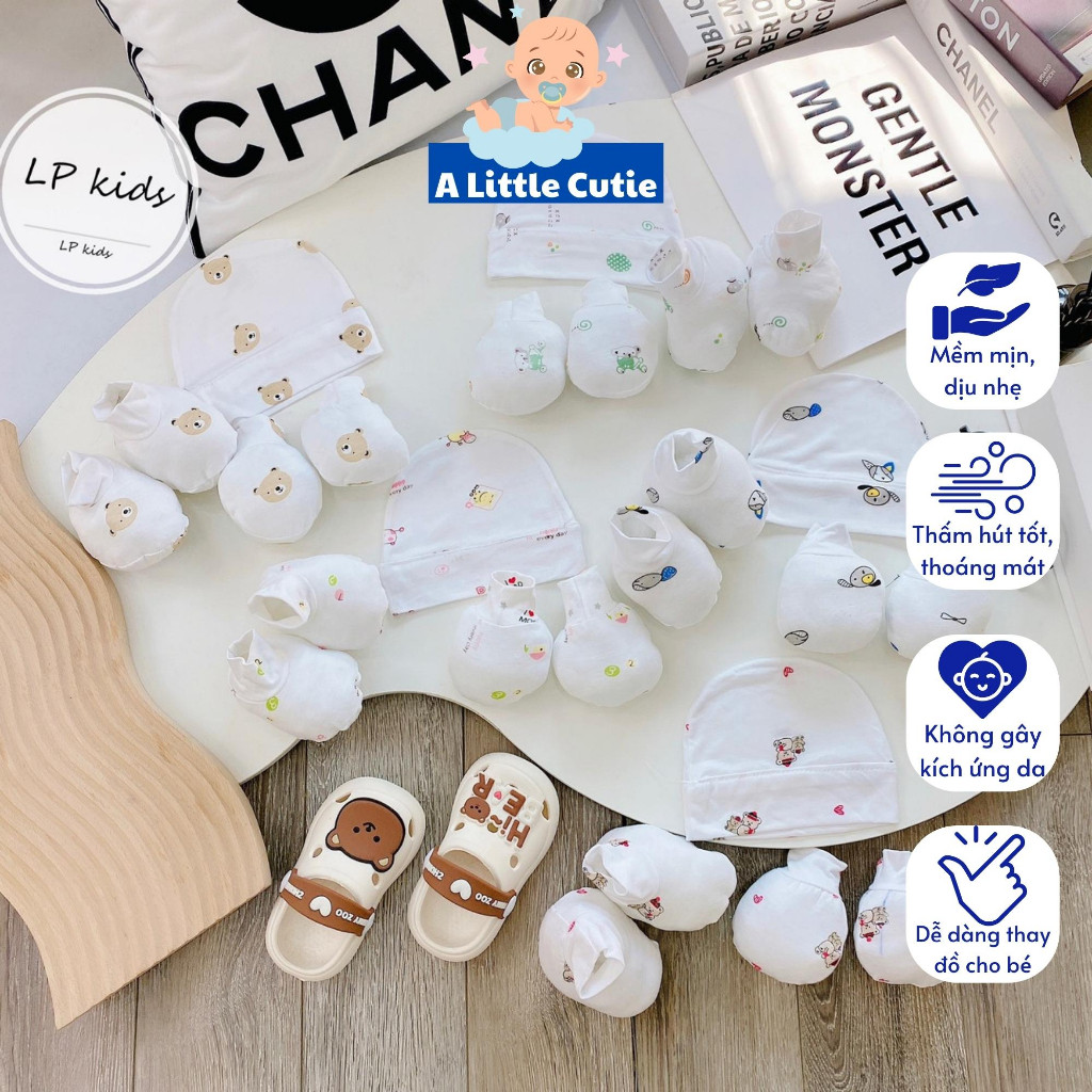 หมวกและถุงมือเด็กแรกเกิด Three-piece Combo ผ้าคอตตอนยืด 2 ทาง TCM012 - A LITTLE CUTIE