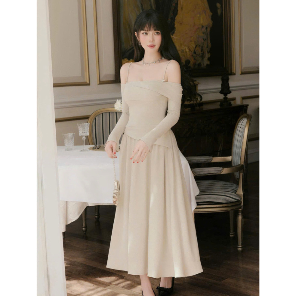 KANGSOOSTORE ชุดเดรสยางยืดเปิดไหล่ 2 สาย + กระโปรงยาว ชุดเดรสดีไซน์สวยหรูสําหรับผู้หญิงปาร์ตี้ VKS19