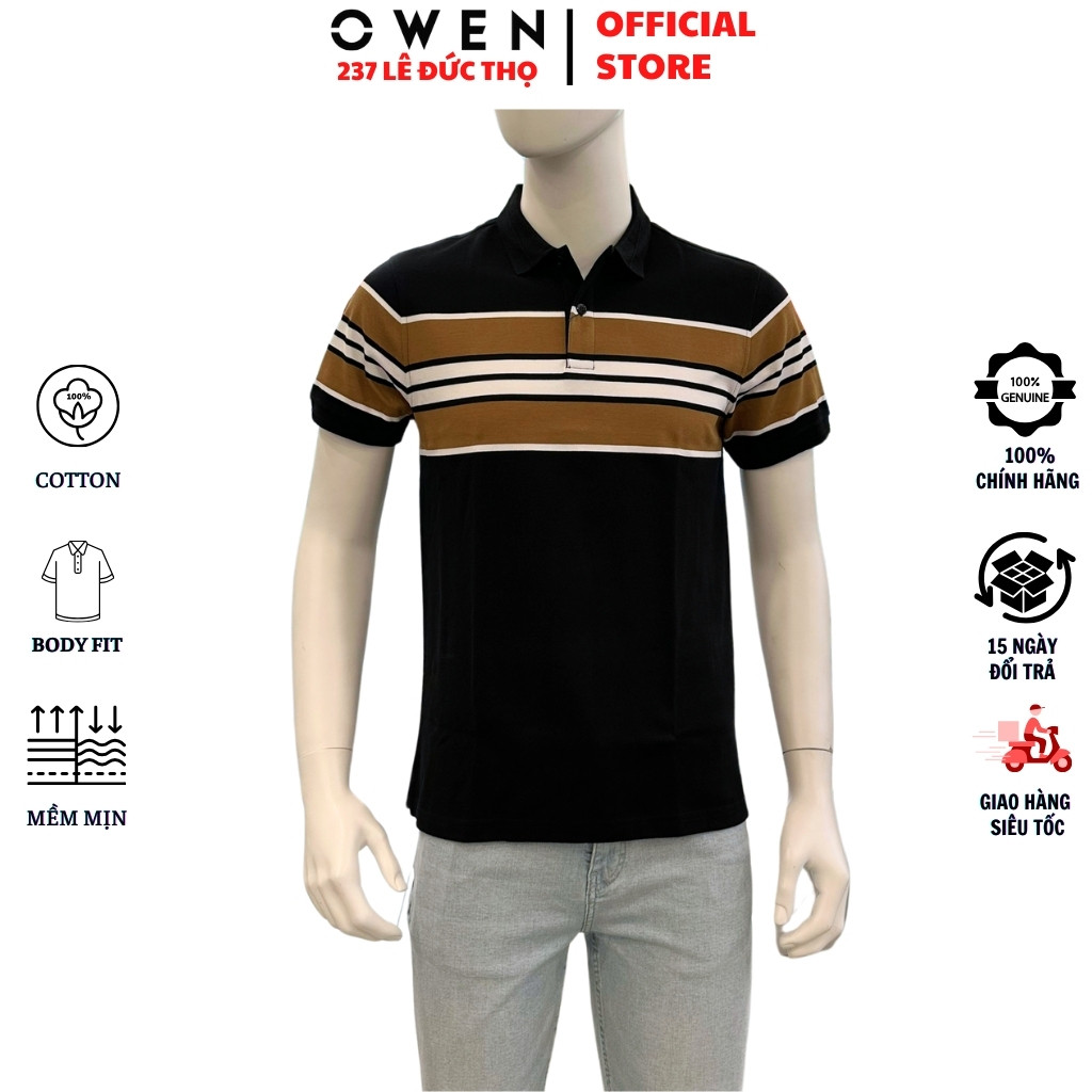 OWEN APV เสื้อยืดคอเต่า233176 โปโลแขนสั้นผู้ชายสีดําลายทางสีน้ําตาลขาวช่วงอกผ้าคอตตอนคุณภาพสูงเสื้อย