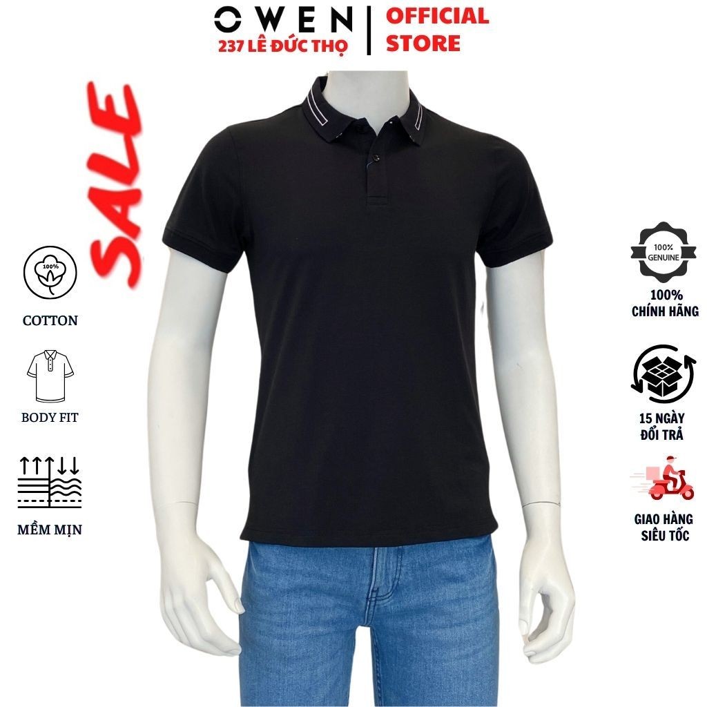 OWEN APV เสื้อยืดคอเต่า231342 เสื้อโปโลแขนสั้นสําหรับผู้ชายผ้านุ่มคุณภาพสูง ซีวีซี สแปนเด็กซ์ สีดําก