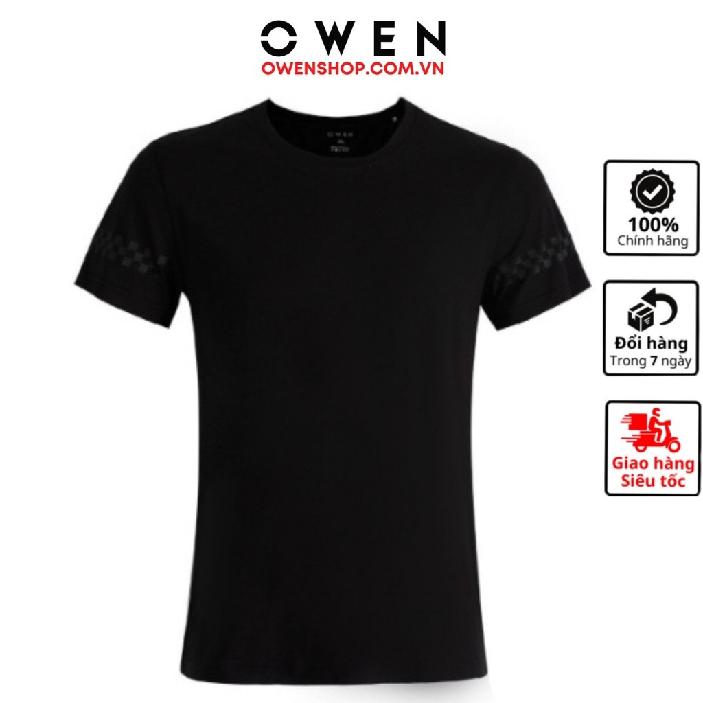 OWEN TSN เสื้อยืดแขนสั้นผู้ชาย220294 เสื้อยืดคอกลม Body fit ผ้าคอตตอนโมดอลบางเบาและเท่คุณภาพสูง สีดํ