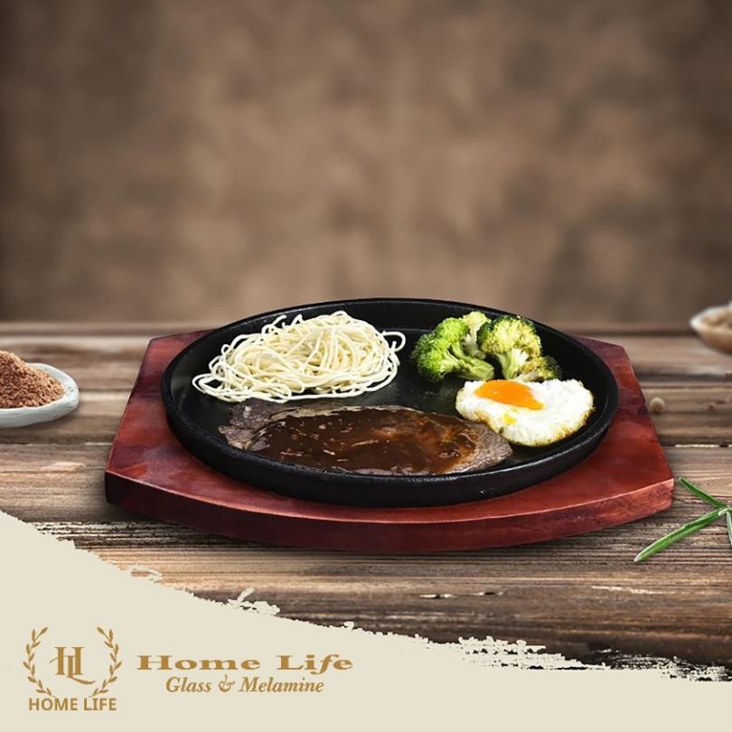 กระทะเหล็กหล่อ ROUND พร้อมฐานไม้ | เหล็กหล่อ BEEF HEAD NON-STICK พร้อมฐานไม้พิเศษสําหรับ STEEK - BEE