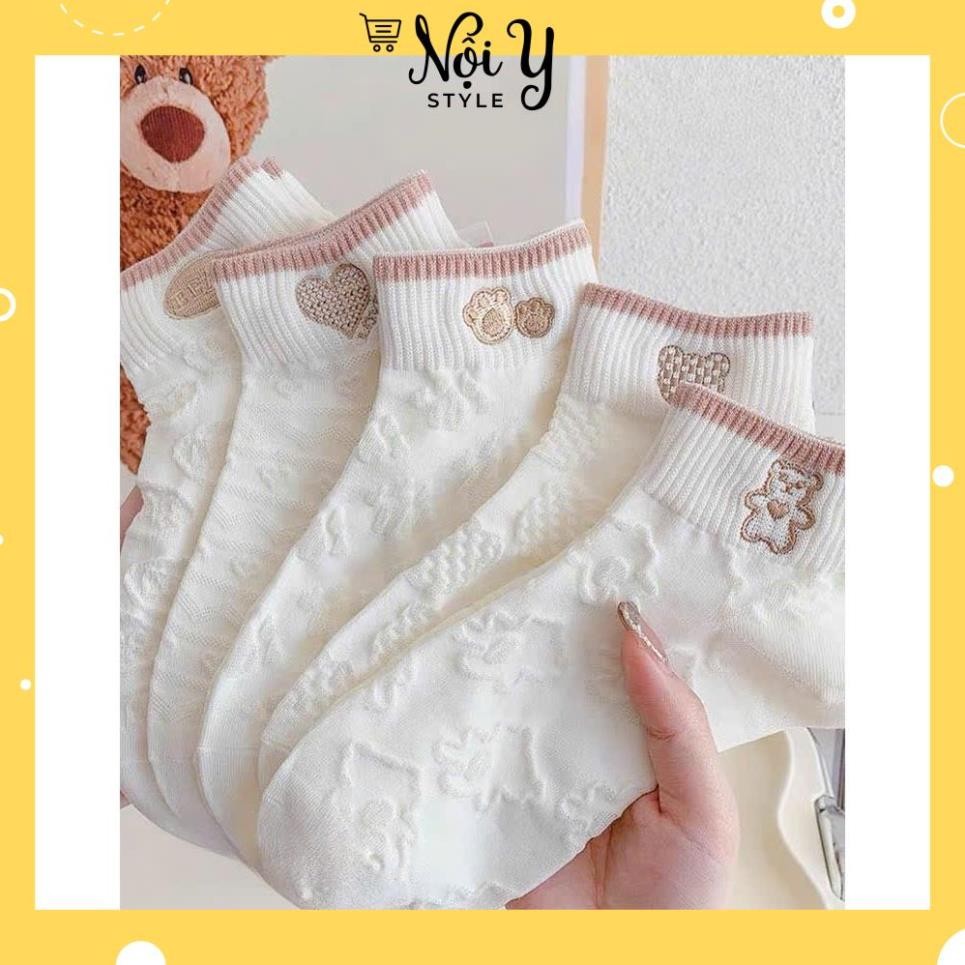 ชุดถุงเท้าสั้น 5 คู่สําหรับผู้หญิงลายหัวใจนูนและขอบสีน้ําตาลสุดฮอต TT14 tongkhony88