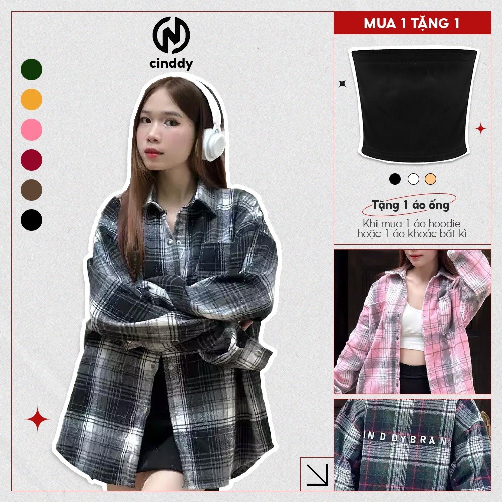 CINDDY BRAND เสื้อเชิ้ตแขนยาวผ้าสักหลาดสําหรับผู้ชายและผู้หญิงในผ้าลายตารางหมากรุกสไตล์เกาหลี - KD00