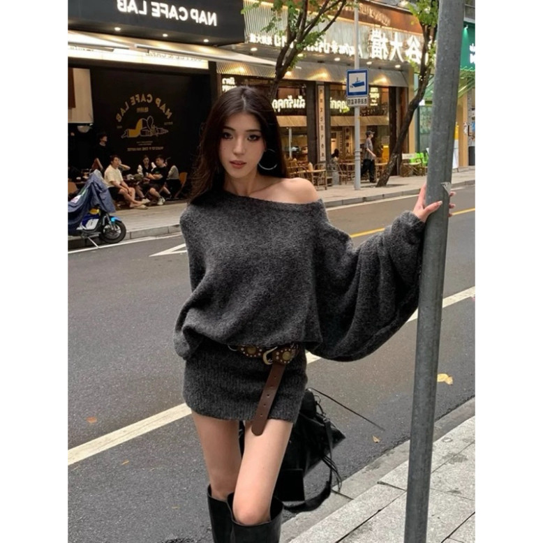 ชุดเดรสทําด้วยผ้าขนสัตว์ผู้หญิงเดรสทําด้วยผ้าขนสัตว์เปิดไหล่พร้อมเข็มขัด QC - Quynh Mai Store