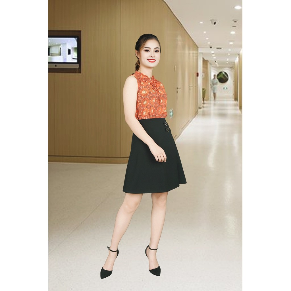 เสื้อแขนกุดผ้าไหมลายตารางหมากรุกสีส้มคอปกเจ้านายผูกโบว์ ADB1592CRCA