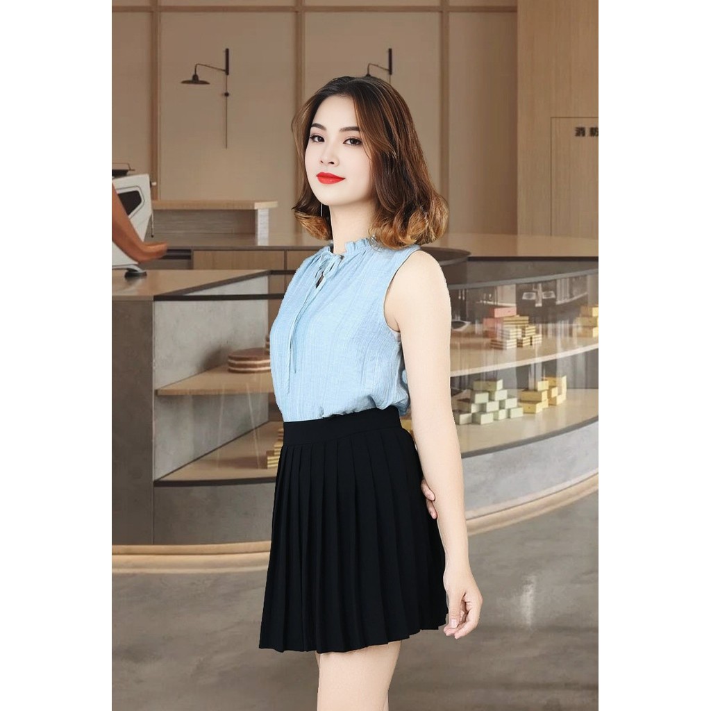 เสื้อแขนกุดผ้าไหมลายสก๊อตสีฟ้าคอปกผูกโบว์ ADB1592XA