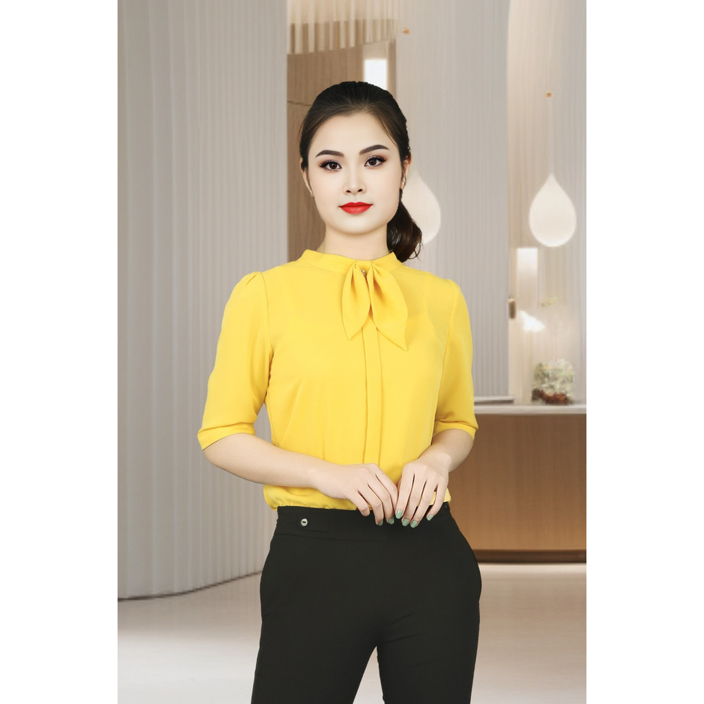 เสื้อเชิ้ตแขนไขว้ขนาดใหญ่สีเหลืองคอปกโบว์ ADB1751VA1