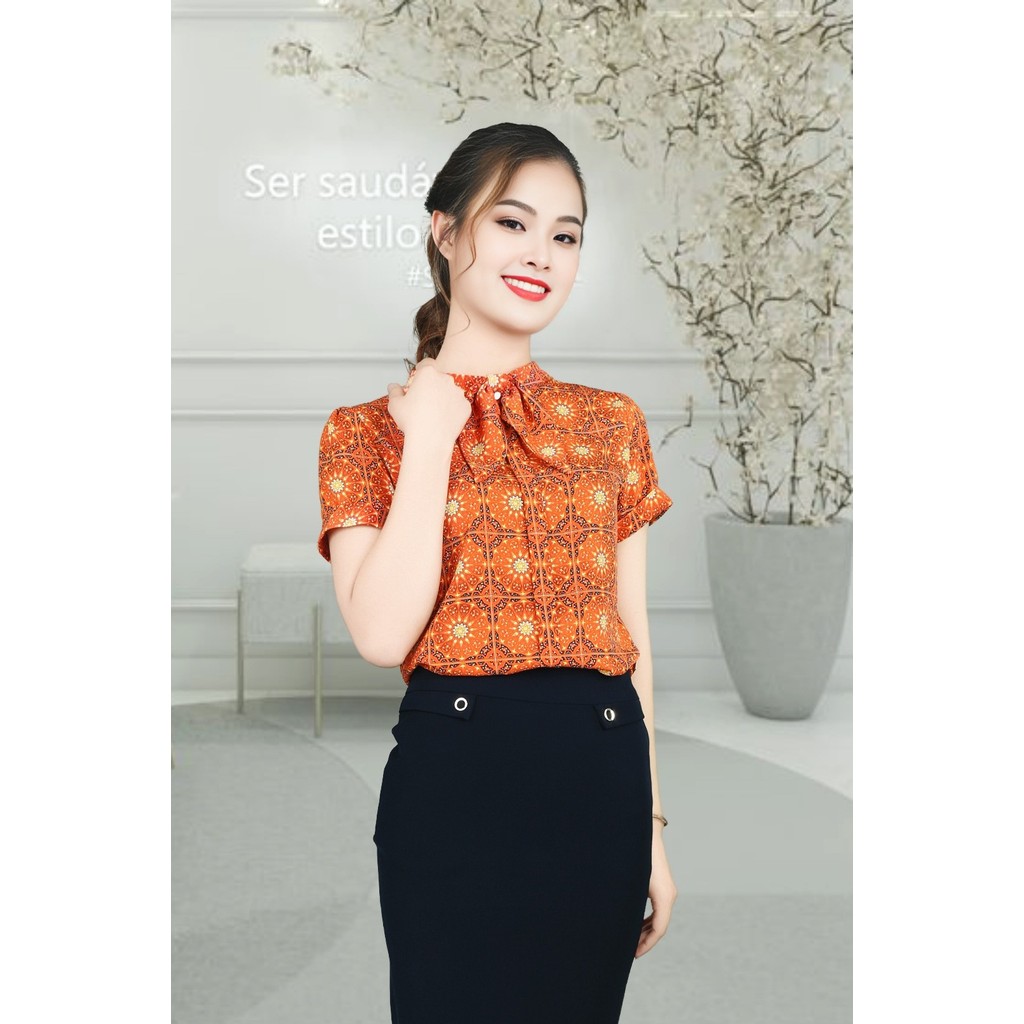 เสื้อเชิ้ตแขนสั้นผ้าไหมดอกส้มเด็กคอปกโบว์ ADB1753CRCA