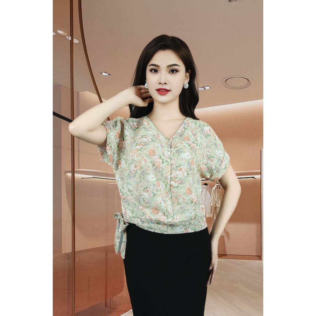 เสื้อปีกค้างคาวผ้าไหมอัดสีชมพูคอตรงแขนโบว์ ADB1903HO