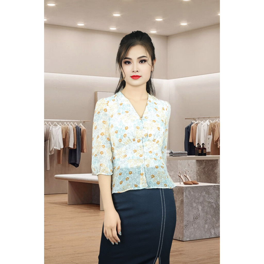 ADB2041HOXA เสื้อเชิ้ตลายดอกไม้ผ้าไหมแขนยาวคอปกรูปหัวใจและไหล่ติดกระดุม