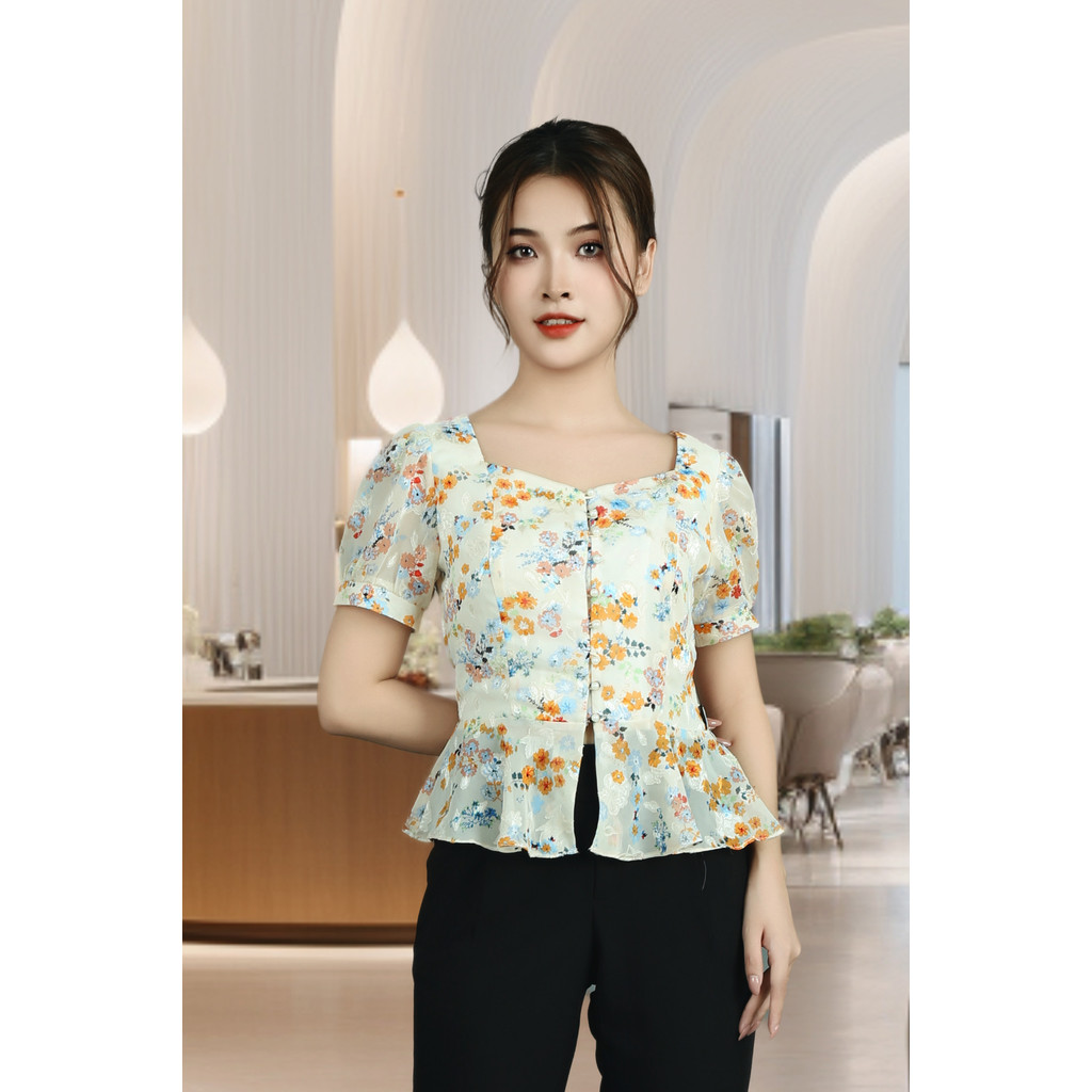 เสื้อเชิ้ตแขนสั้นผ้าไหมอัดดอกสีส้มสีขาวคอปก U และชายระบาย ADB2153TRCA