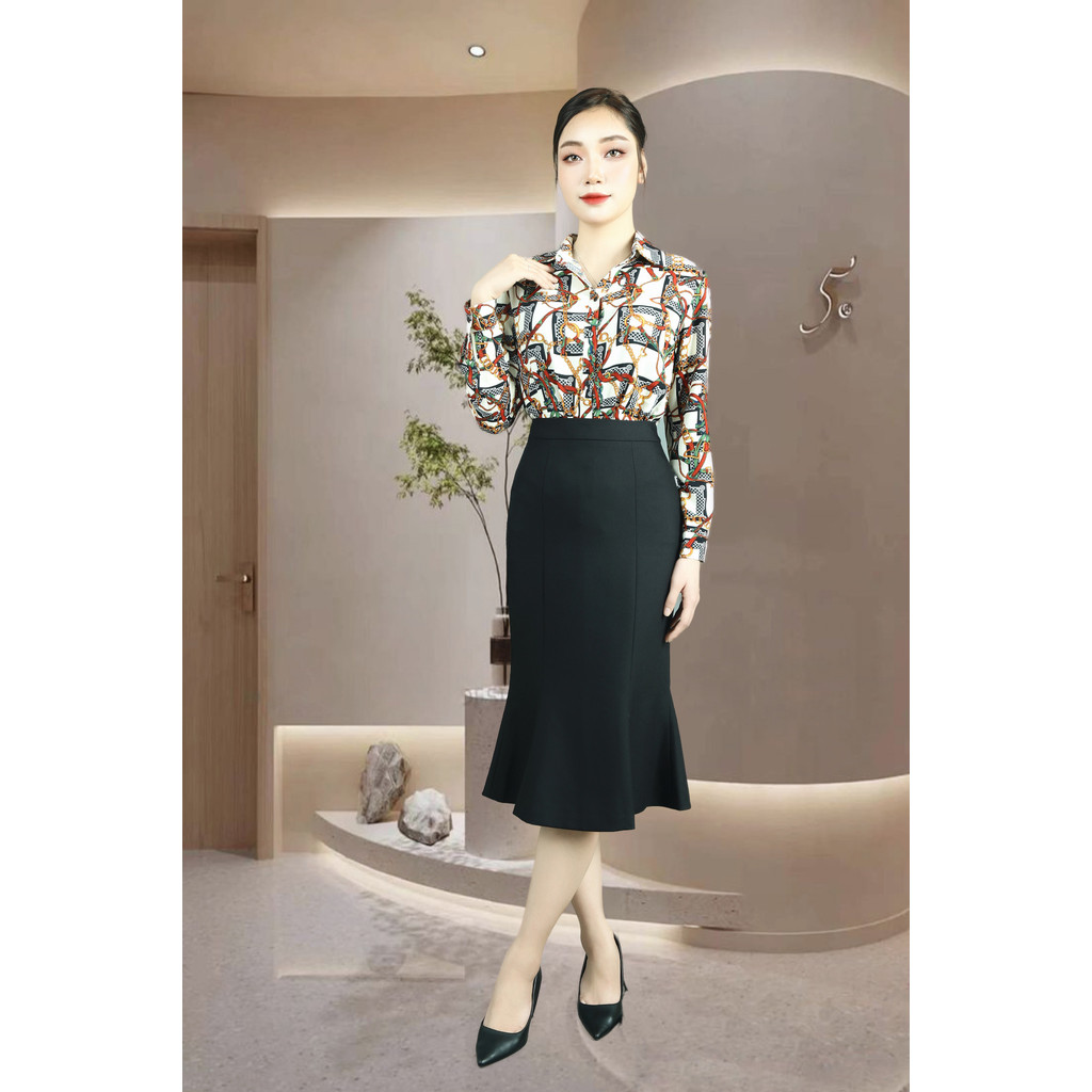 เสื้อเชิ้ตแขนยาวคอปกเยอรมันผ้าไหมเชื่อมทรงโซ่ทรงตรงชายกุ้ง ADB218HIXI