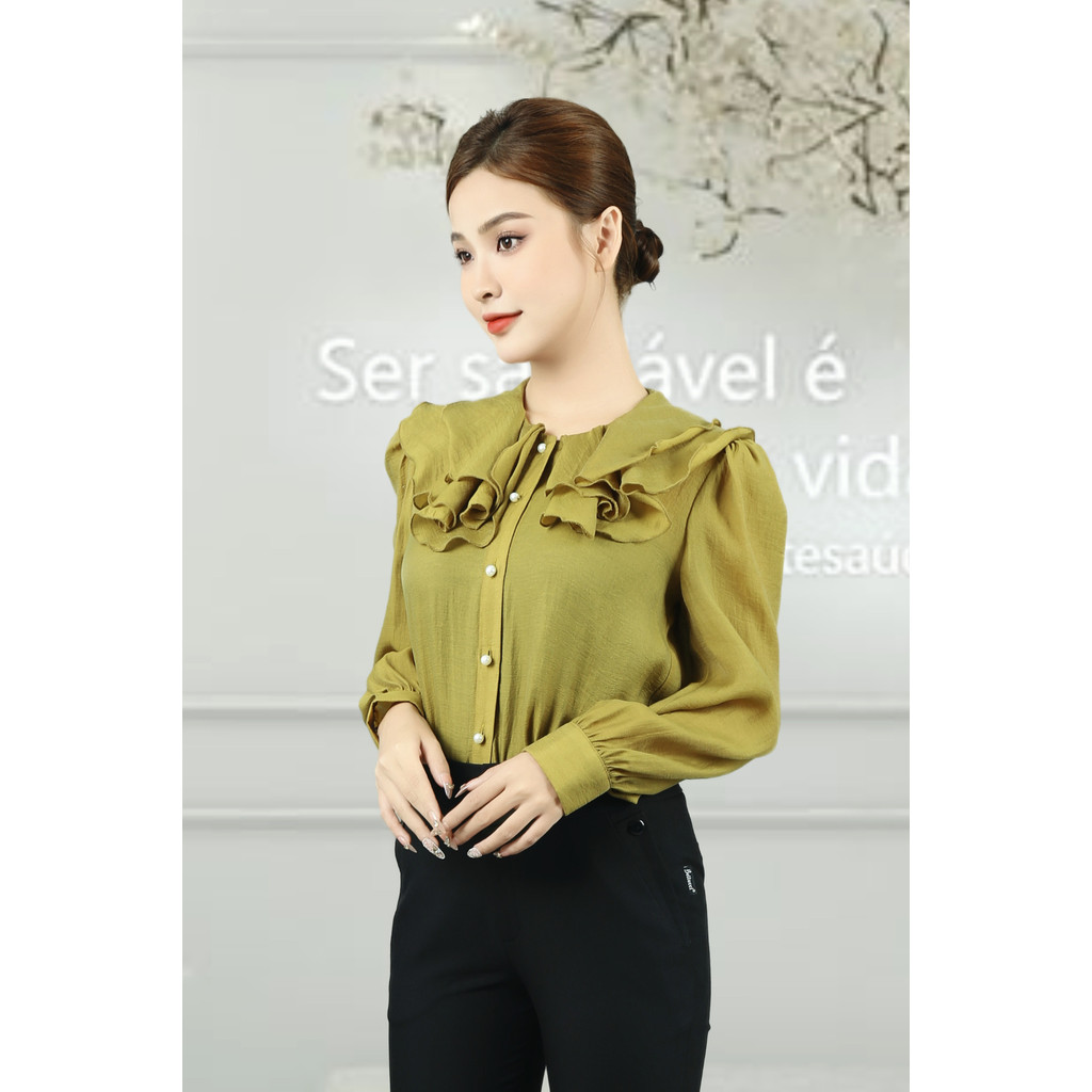 เสื้อไหมพรมแขนยาวคอปกระบายไหล่พอง ADB221CO